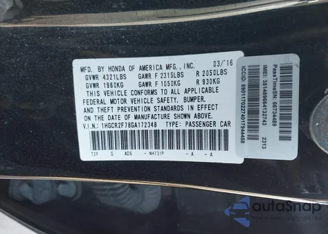 2016 Honda Accord Ex from USA, damaged, VIN 1HGCR2F78GA172348